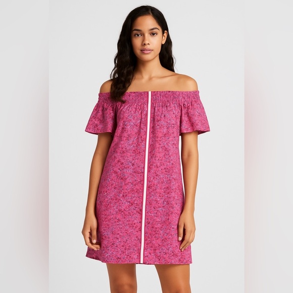 Rungolee Pink Off Shoulder Floral Silk Mini Dress Medium Smocked Pullover - Picture 1 of 6
